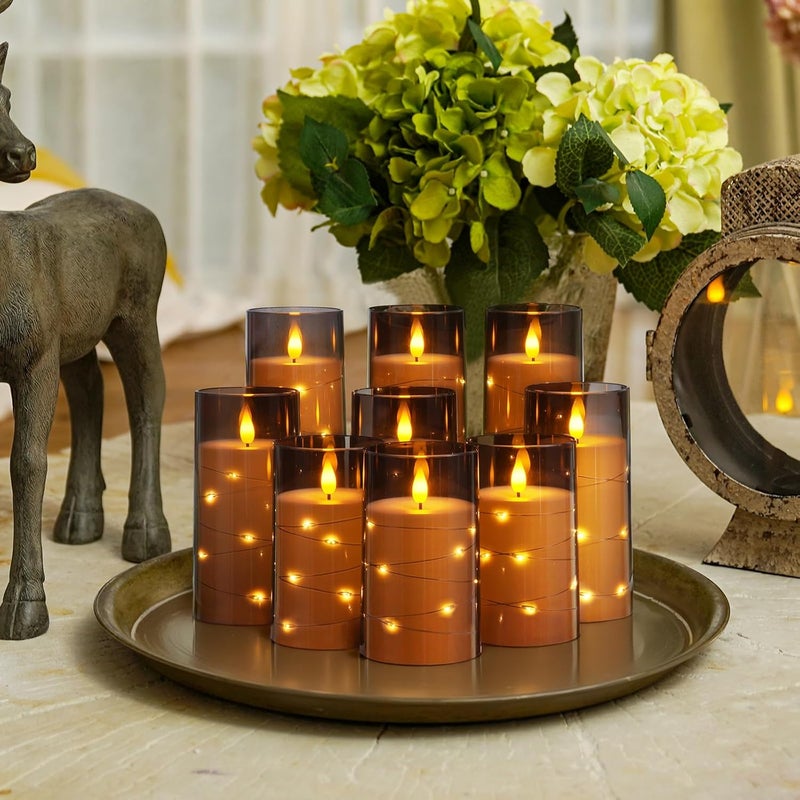 Homemory 9 Pcs Flameless Candles with Embedded Star String Fairy Lights, Battery Operated Candles, LED Fake Candles with Remote Control and Timer, Gray Acrylic - Image 3
